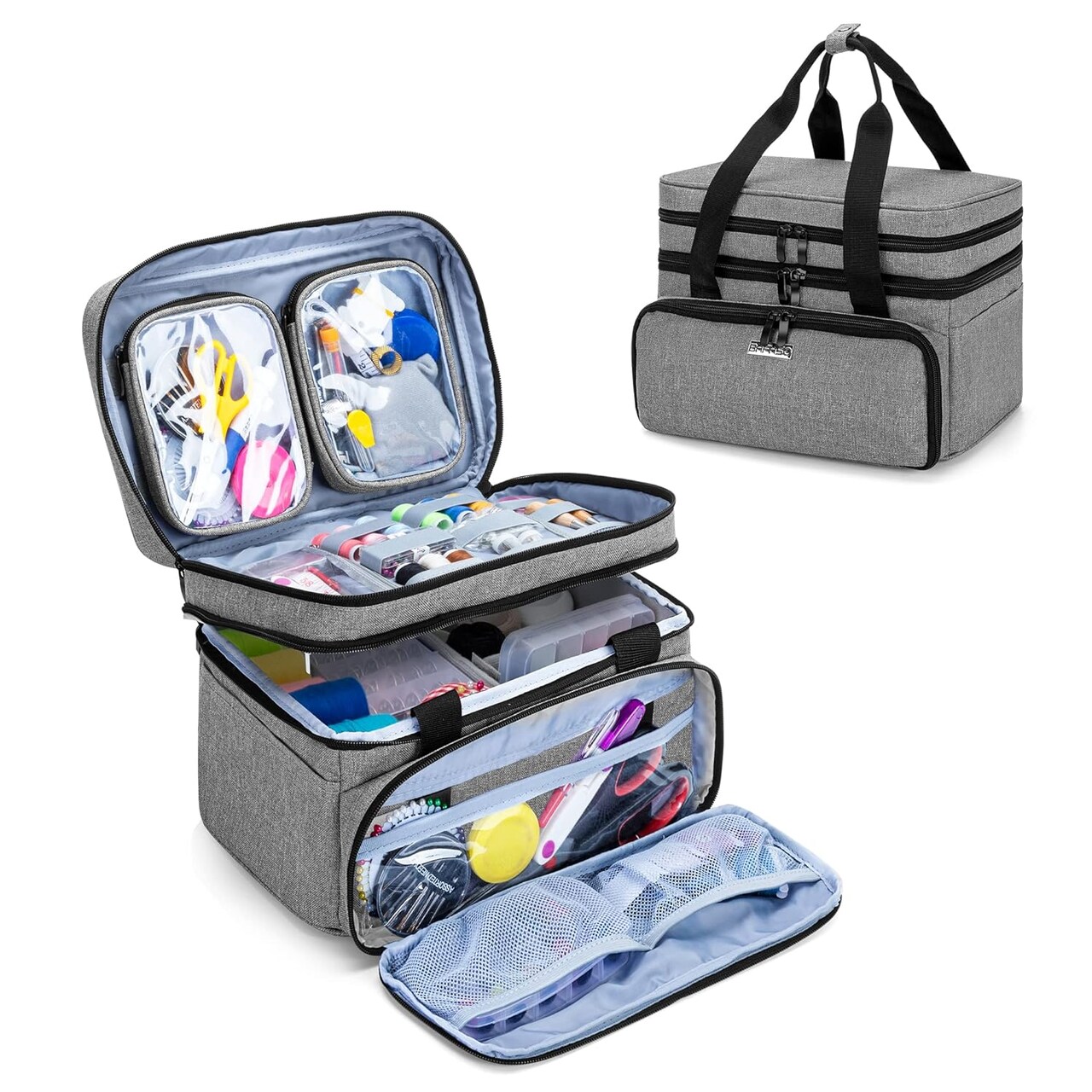 Double Layer Sewing Accessories Organizer With 2 Detachable Pouches, Large Sewing Storage Bag For Sewing Tools (Bag Only), Gray